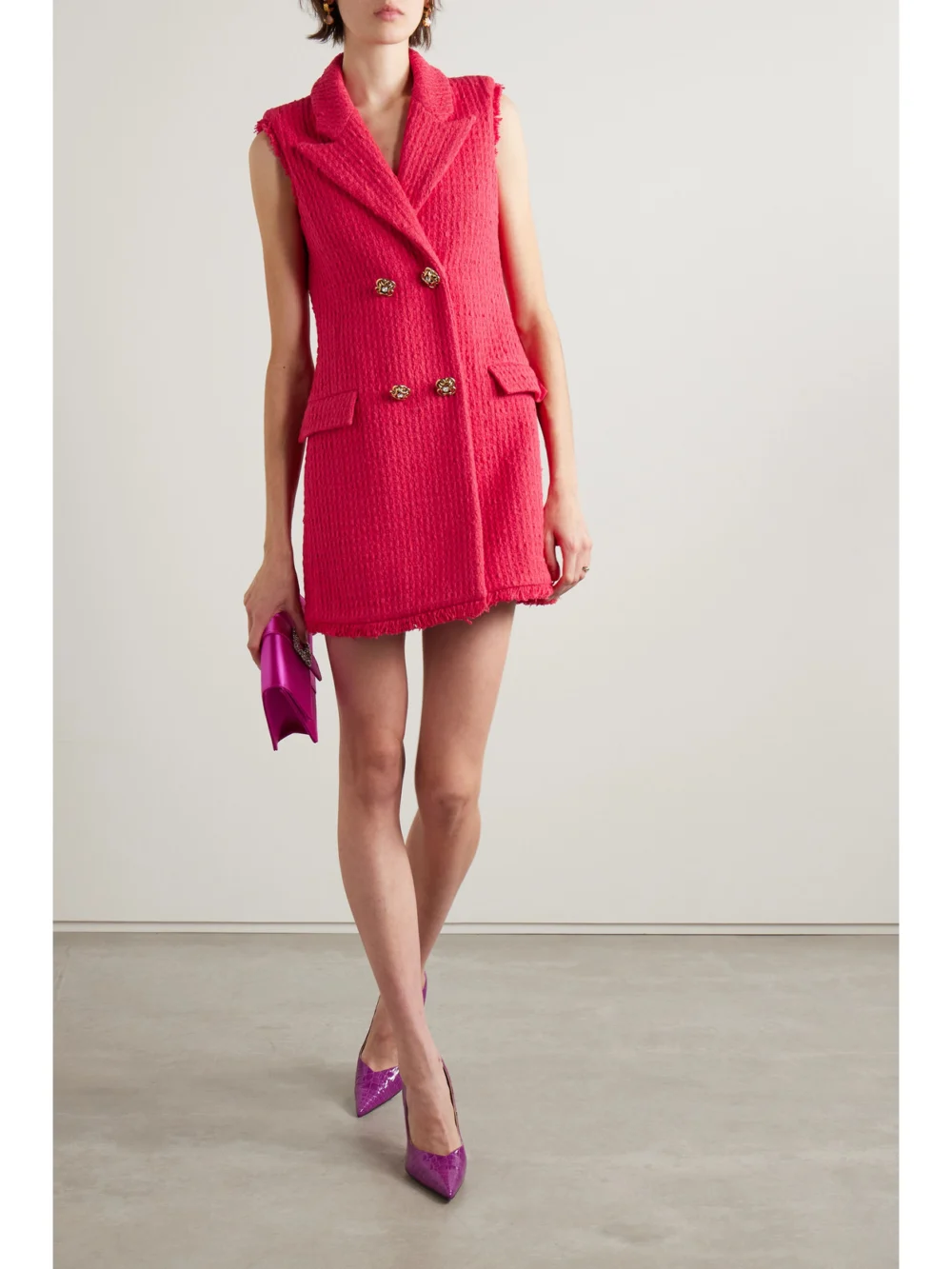 Oscar de la Renta Button-embellished Frayed Wool-blend Tweed Mini Dress, worn by a model