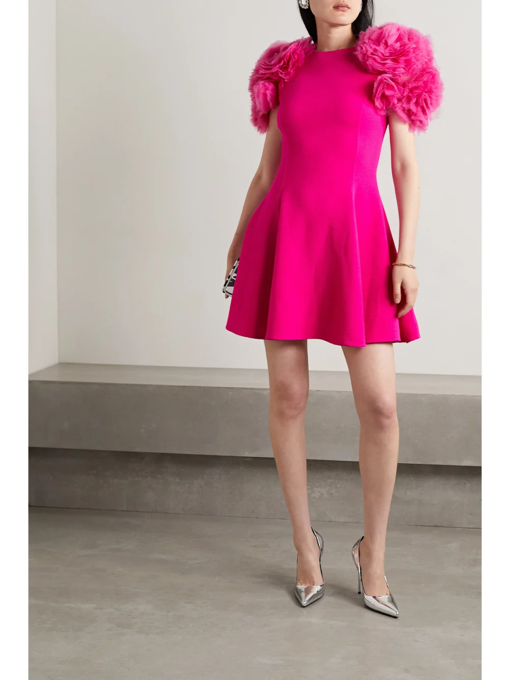 Oscar de la Renta Chiffon-trimmed Wool-blend Mini Dress, worn by a model