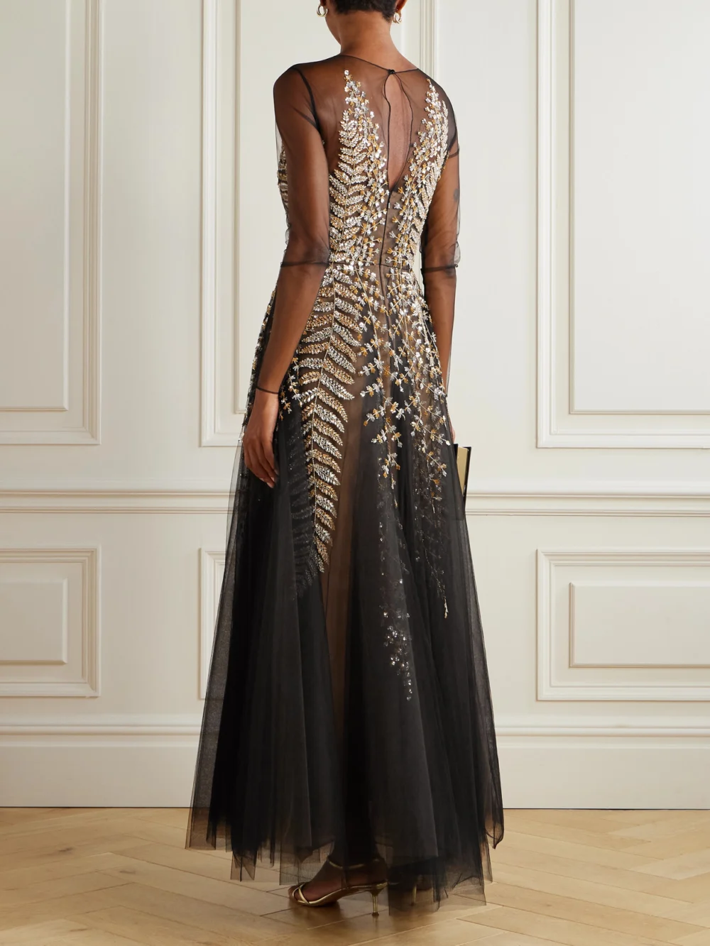 Back view of the Oscar de la Renta Crystal, Bead and Sequin-embellished Pleated Tulle Midi Dress