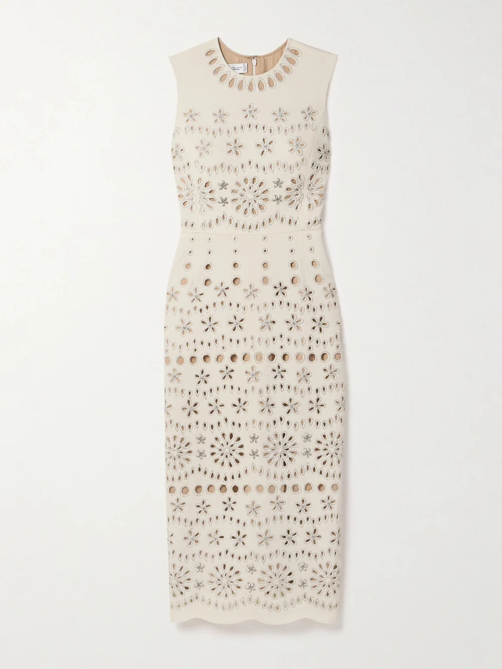 Oscar de la Renta Crystal-embellished Broderie Anglaise Wool-blend Crepe Midi Dress in cream