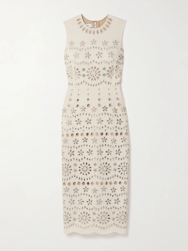 Oscar de la Renta Crystal-embellished Broderie Anglaise Wool-blend Crepe Midi Dress