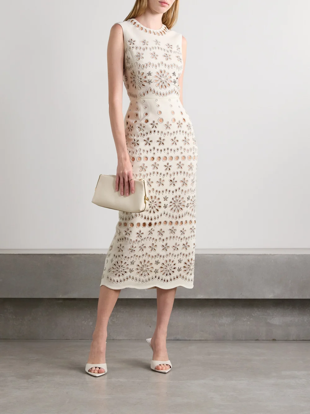 Oscar de la Renta Crystal-embellished Broderie Anglaise Wool-blend Crepe Midi Dress, worn by a model