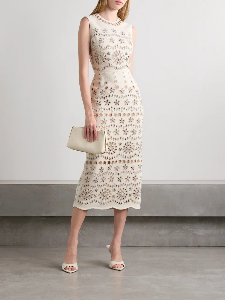 Oscar de la Renta Crystal-embellished Broderie Anglaise Wool-blend Crepe Midi Dress