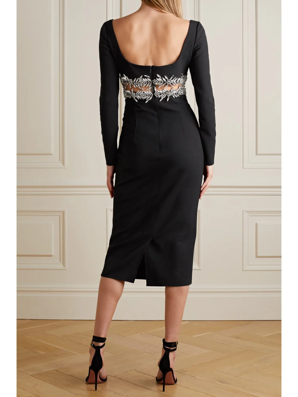 Back view of the Oscar de la Renta Crystal-embellished Wool-blend Midi Dress