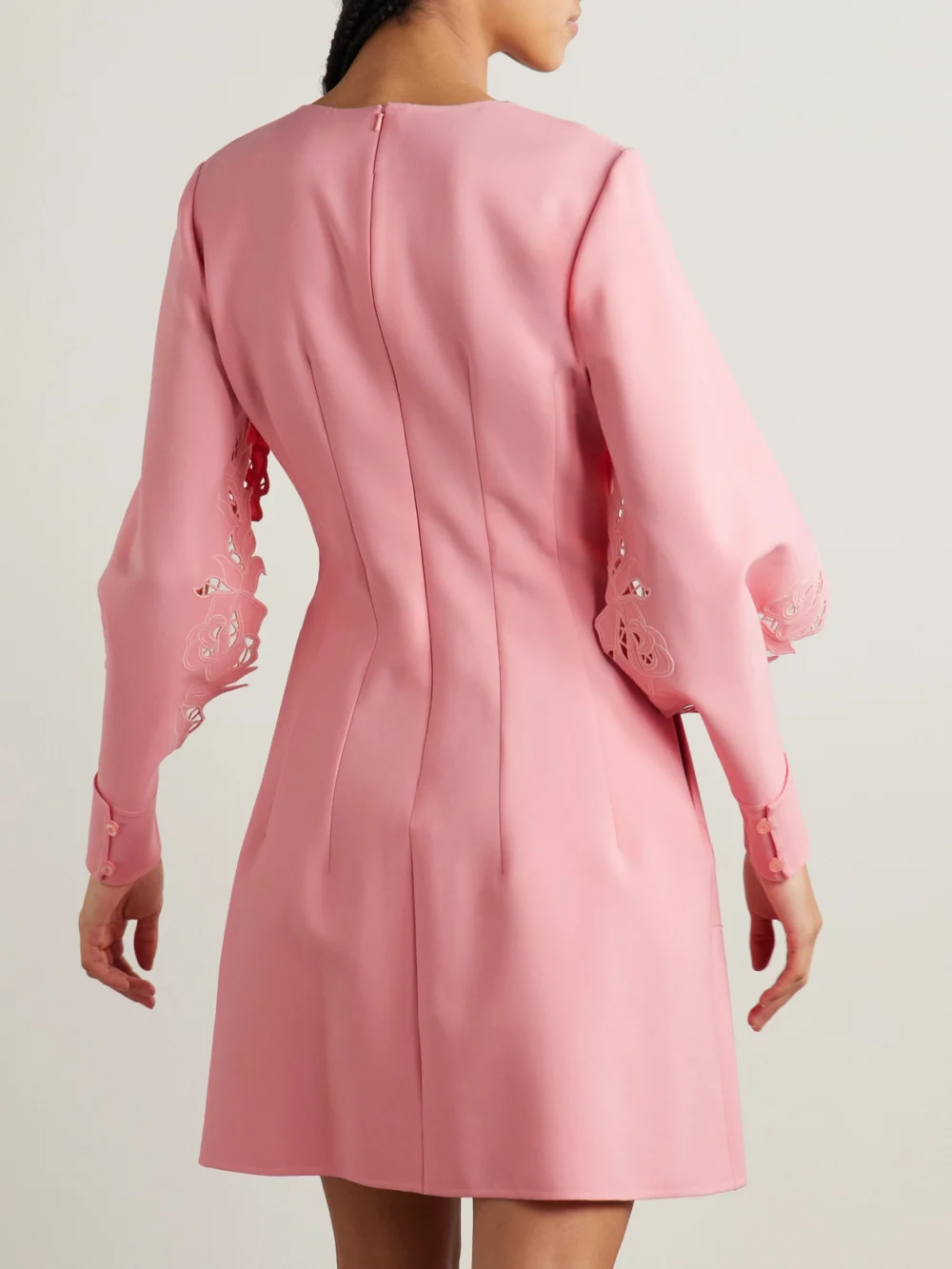 Back view of the Oscar de la Renta Cutout Guipure Lace-trimmed Wool-blend Crepe Mini Dress