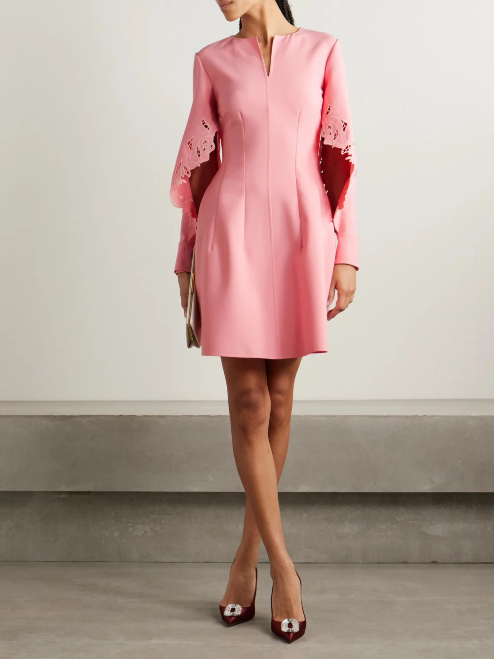 Oscar de la Renta Cutout Guipure Lace-trimmed Wool-blend Crepe Mini Dress, worn by a model