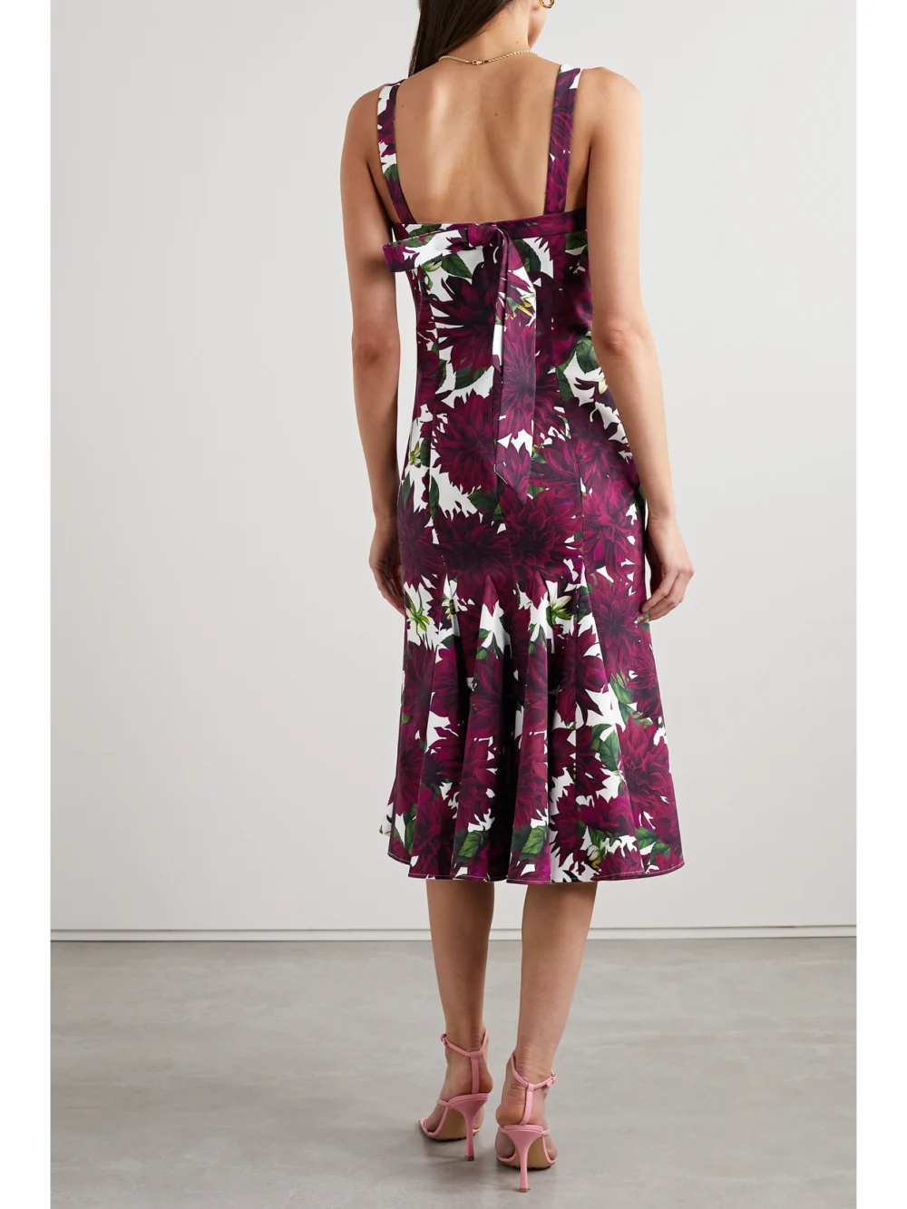 Back view of the Oscar de la Renta Dahlia Floral-print Cotton-blend Twill Midi Dress