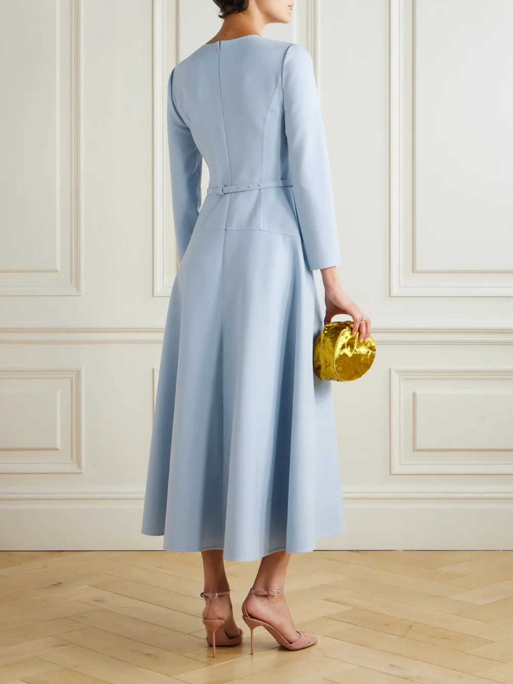 Back view of the Oscar de la Renta Embellished Belted Wool-blend Midi Dress