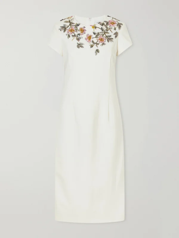 Oscar de la Renta Floral-embellished Wool-blend Crepe Midi Dress