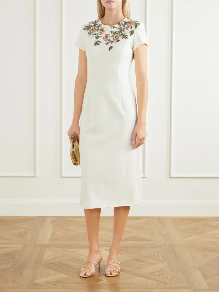 Oscar de la Renta Floral-embellished Wool-blend Crepe Midi Dress