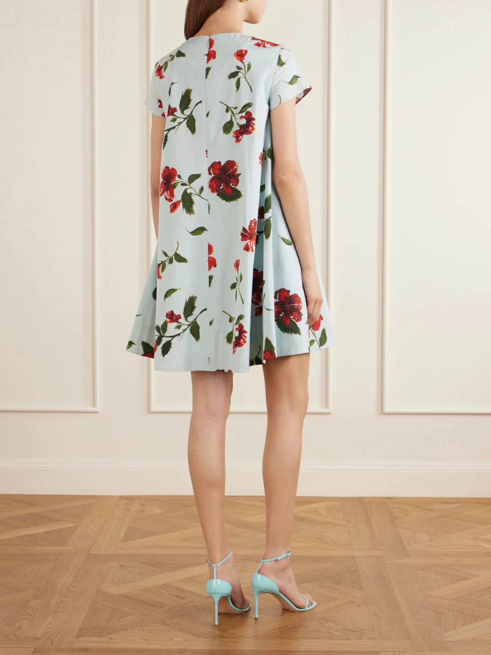 Back view of the Oscar de la Renta Floral-print Cotton-blend Poplin Mini Dress