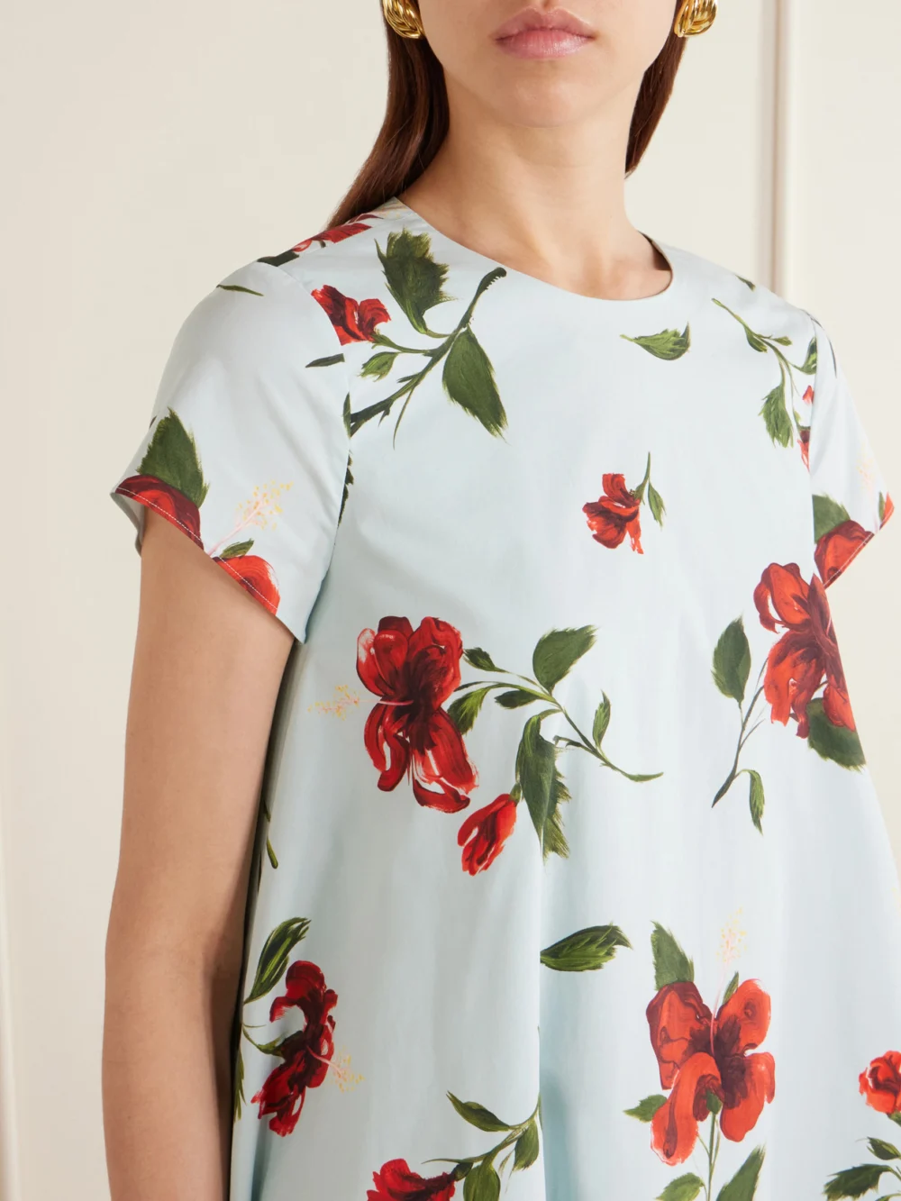 Close-up detail of the Oscar de la Renta Floral-print Cotton-blend Poplin Mini Dress