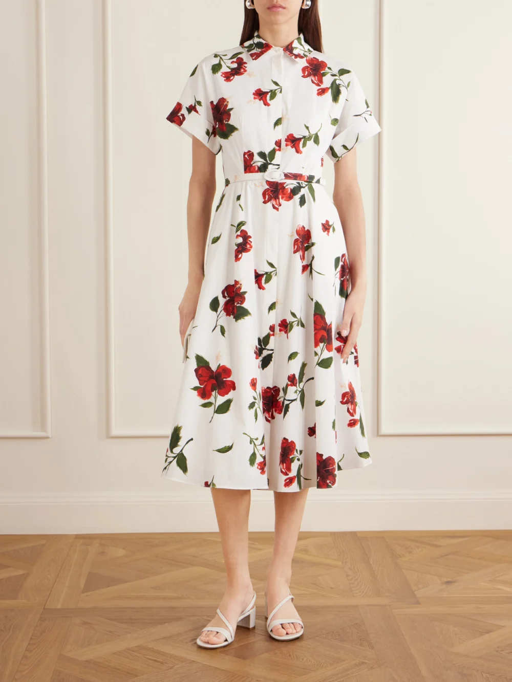 Oscar de la Renta Floral-print Cotton-poplin Midi Dress, worn by a model