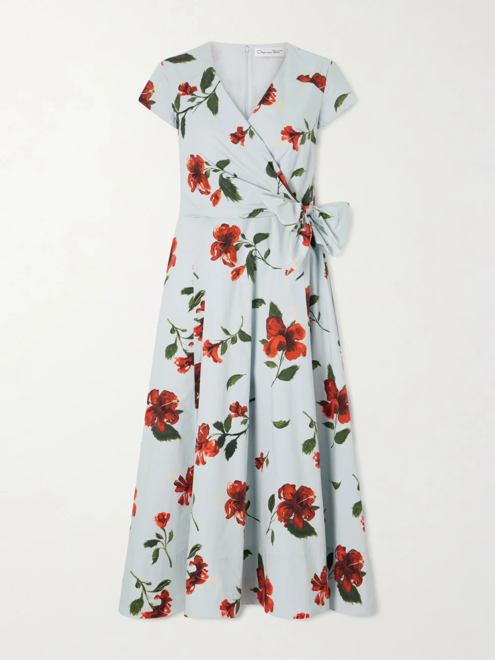 Oscar de la Renta Floral-print Cotton-poplin Wrap Midi Dress in light blue