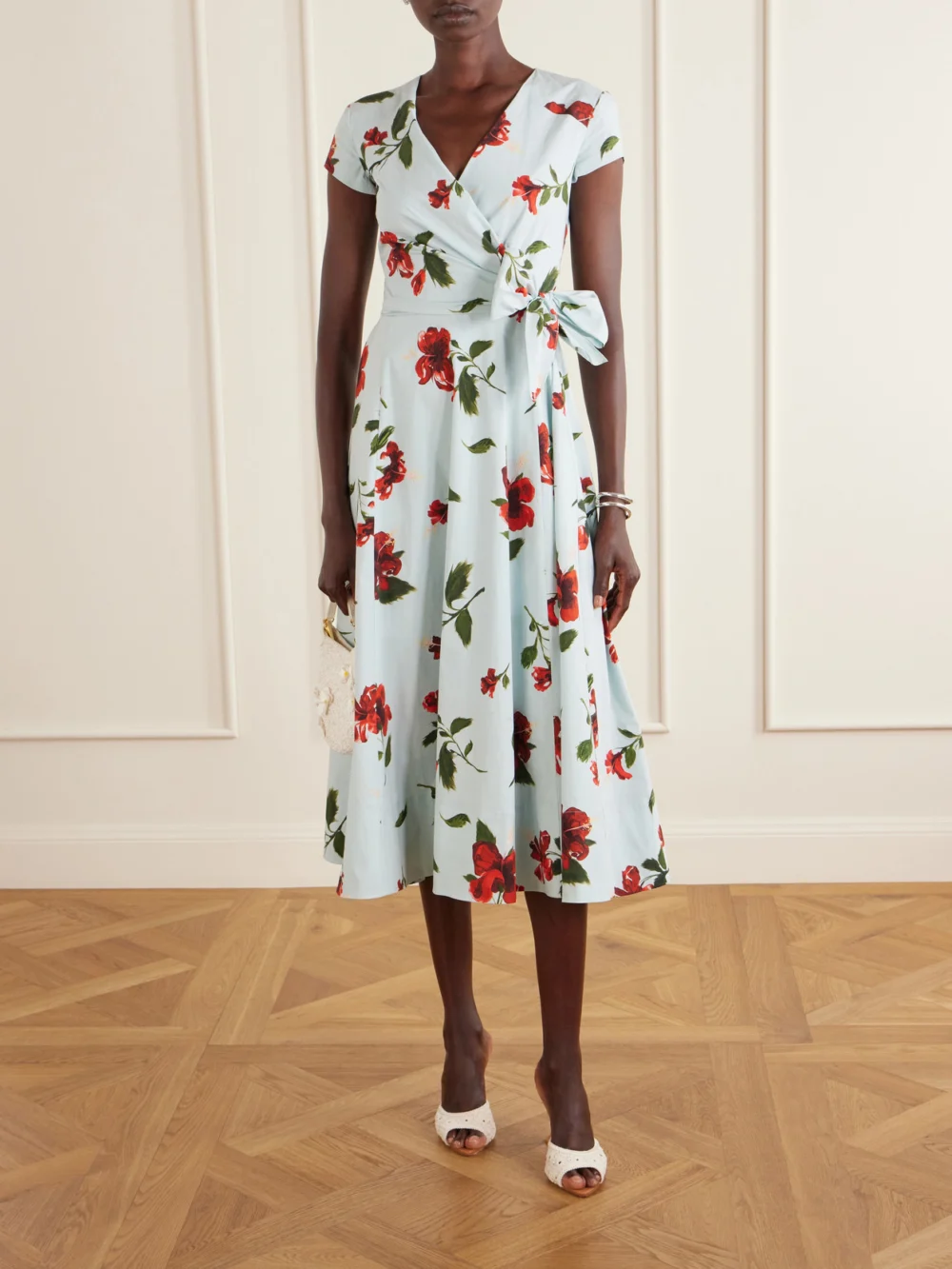 Oscar de la Renta Floral-print Cotton-poplin Wrap Midi Dress, worn by a model