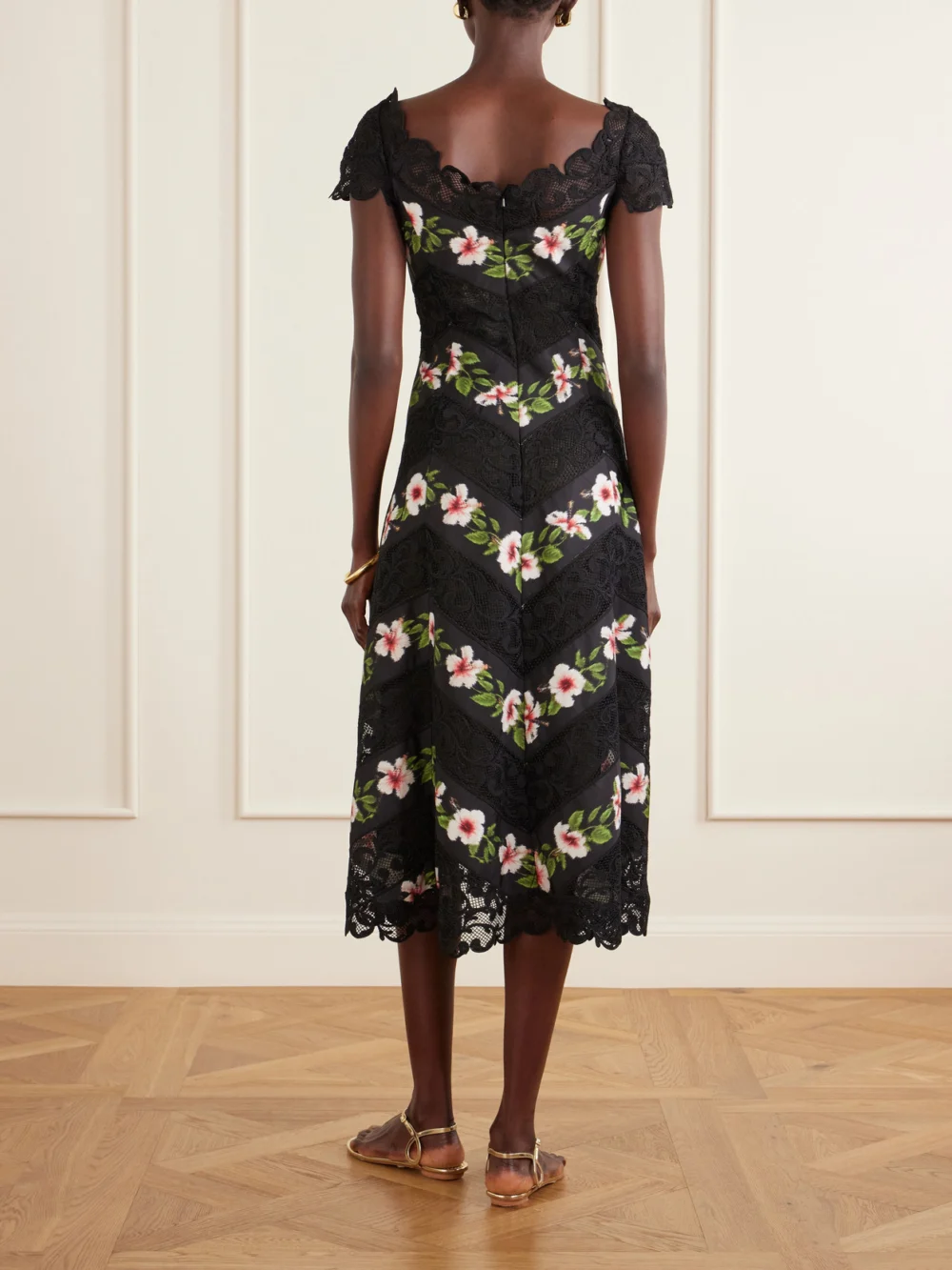Back view of the Oscar de la Renta Floral-print Faille and Lace Midi Dress