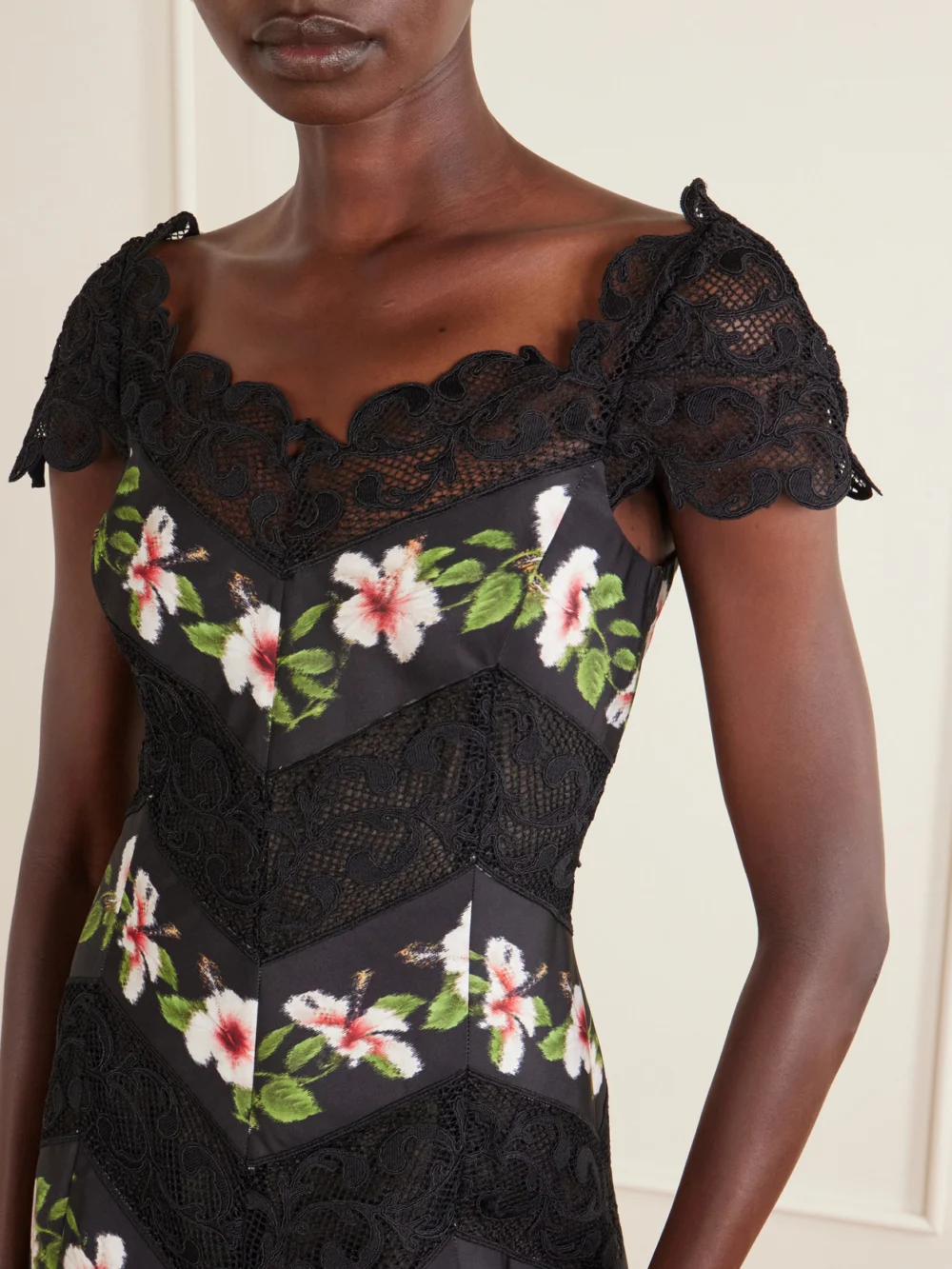Close-up detail of the Oscar de la Renta Floral-print Faille and Lace Midi Dress