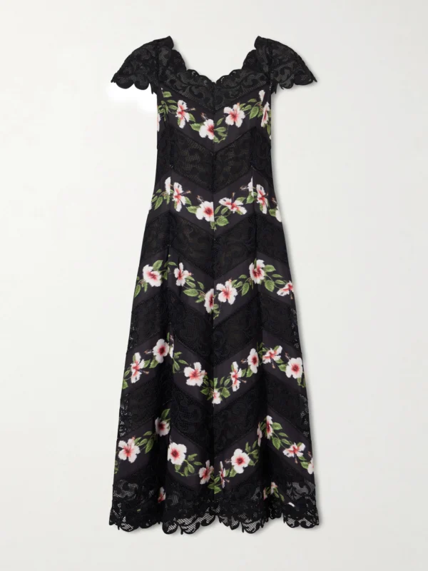 Oscar de la Renta Floral-print Faille and Lace Midi Dress