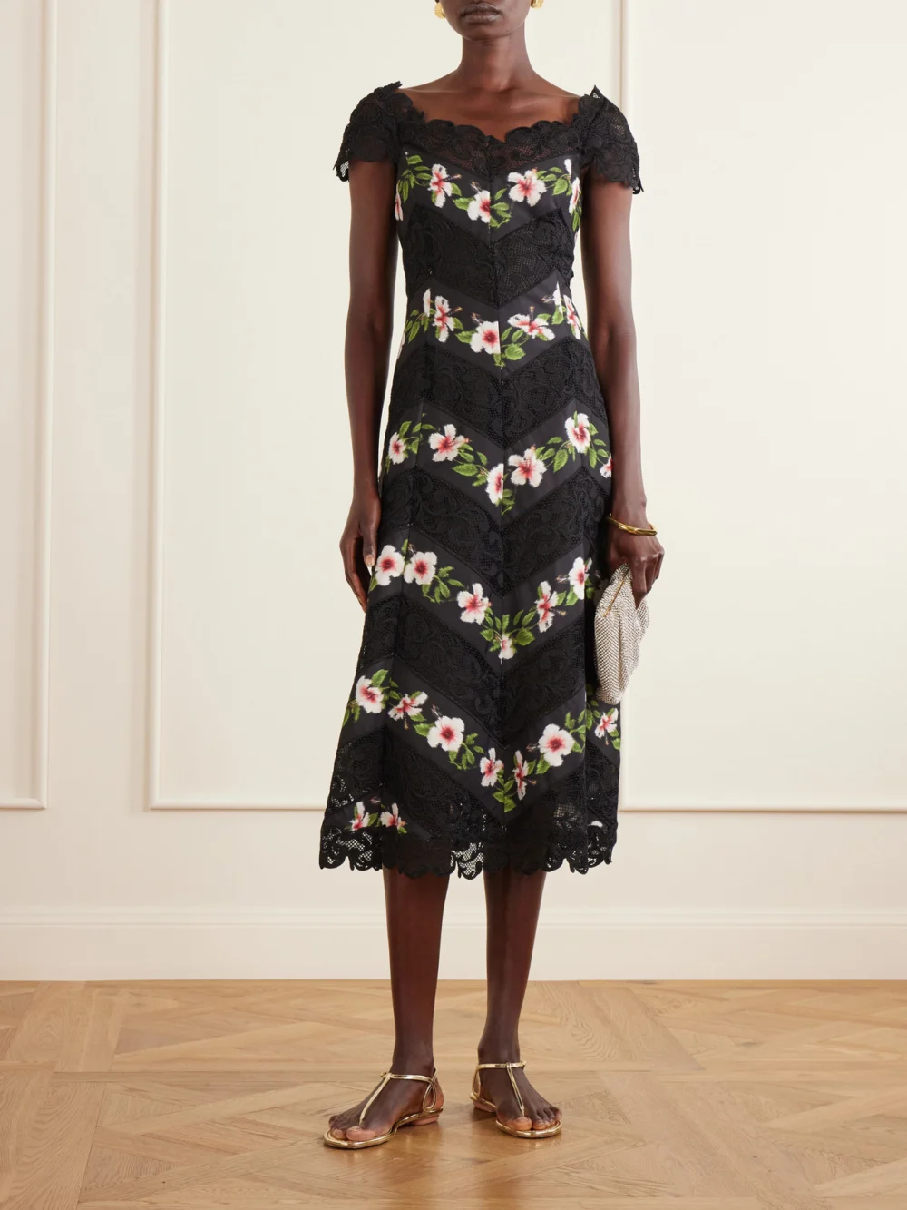 Oscar de la Renta Floral-print Faille and Lace Midi Dress, worn by a model