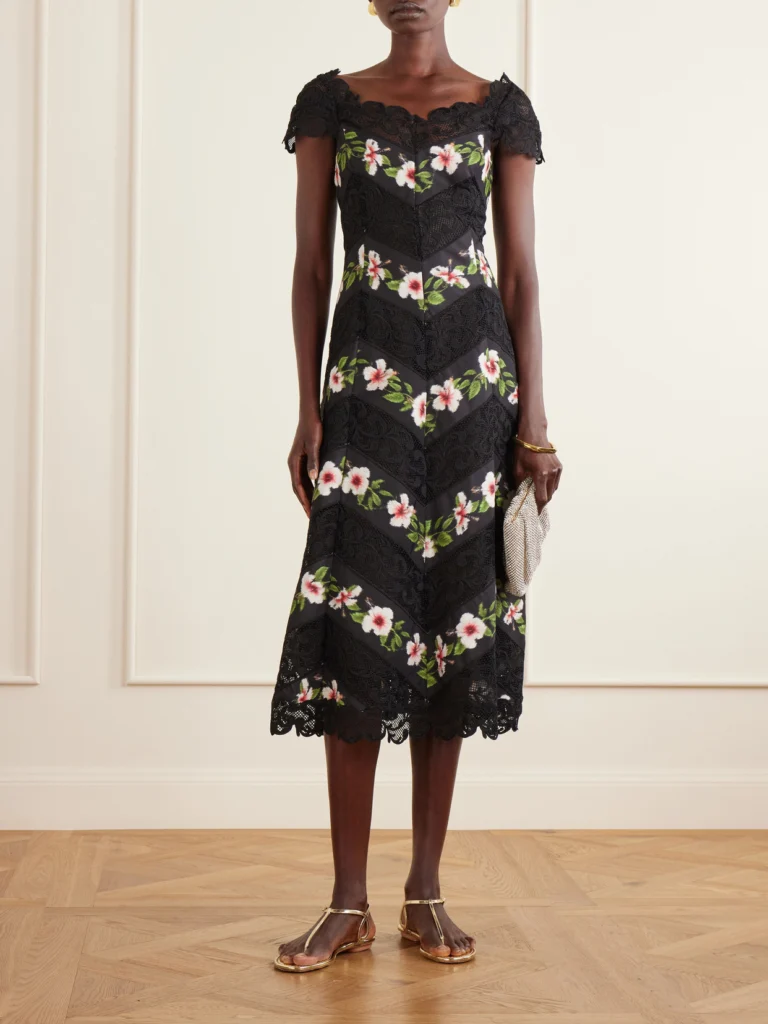 Oscar de la Renta Floral-print Faille and Lace Midi Dress