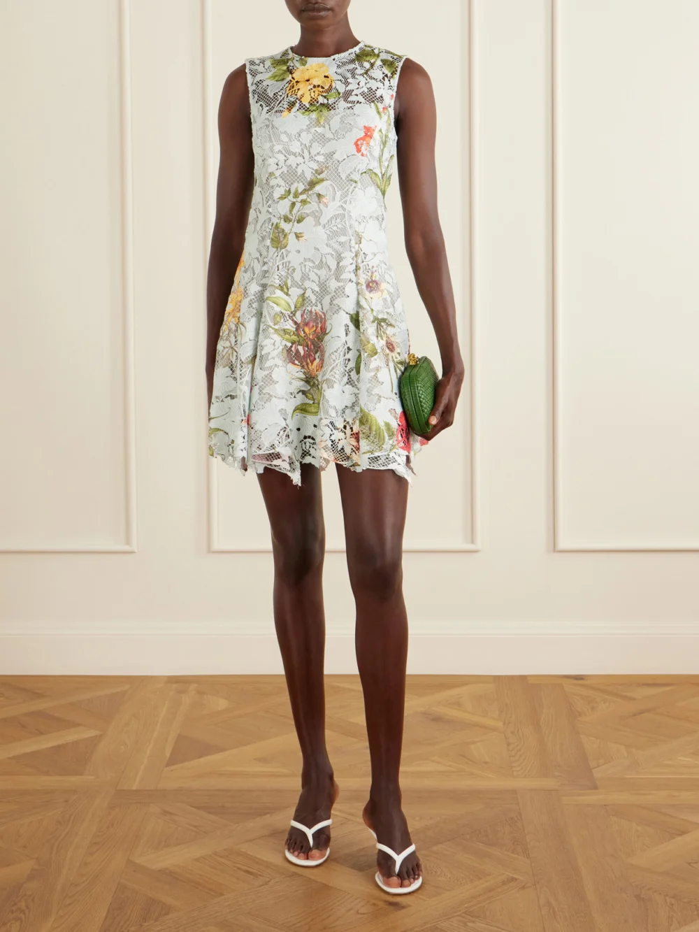 Oscar de la Renta Floral-print Lace Mini Dress, worn by a model