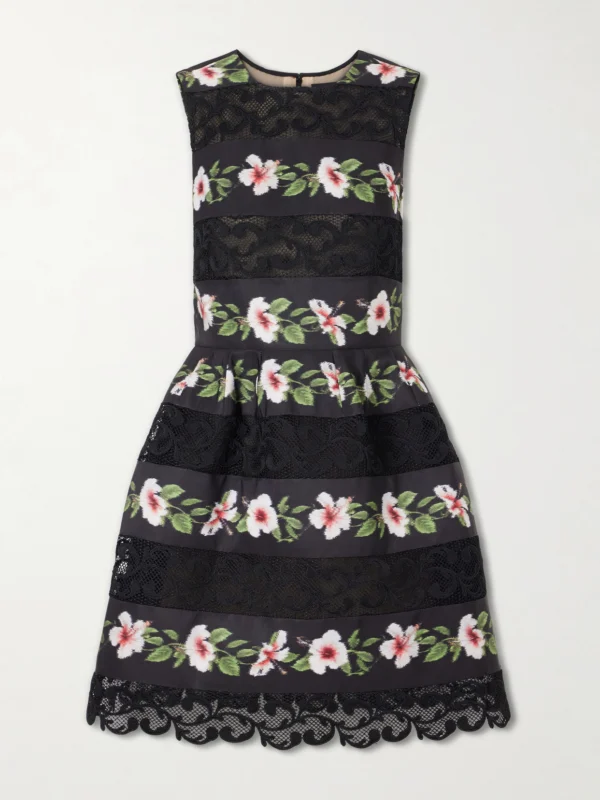 Oscar de la Renta Floral-print Lace-trimmed Crepe De Chine Mini Dress