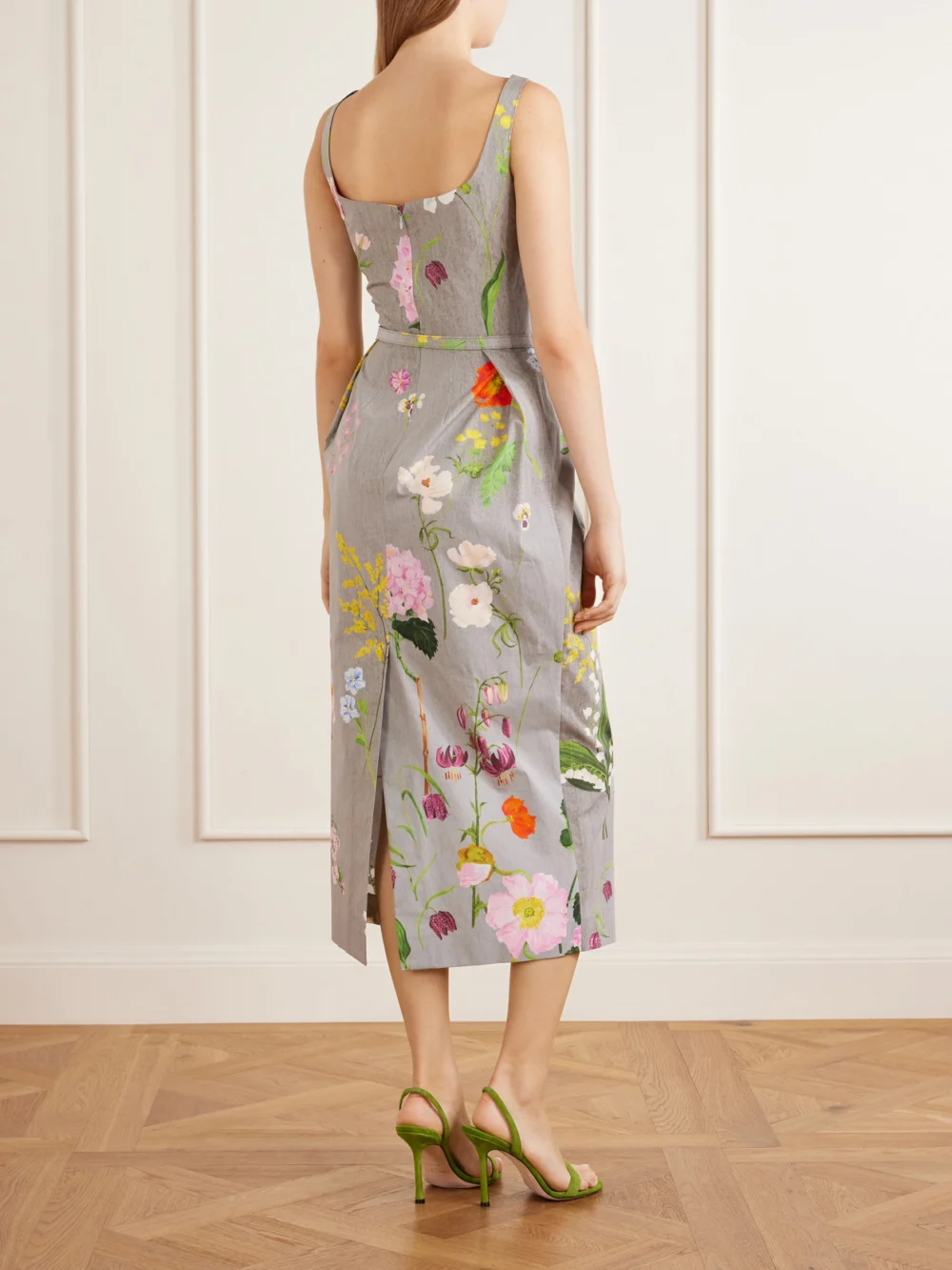 Back view of the Oscar de la Renta Floral-printed Stretch Cotton-poplin Midi-dress