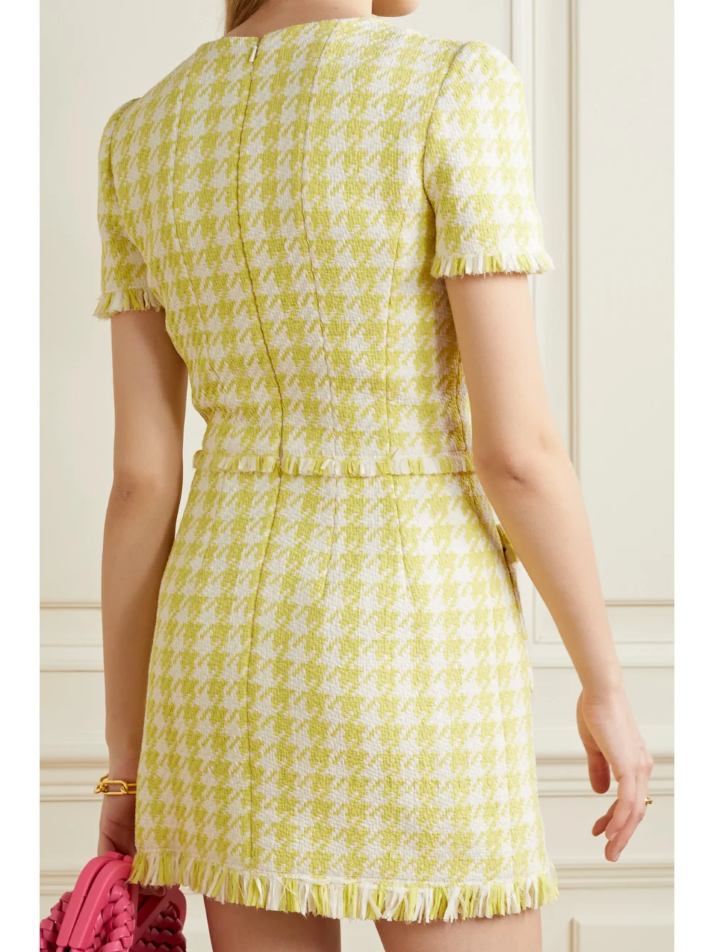 Back view of the Oscar de la Renta Fringed Houndsthooth Cotton-blend Tweed Mini Dress