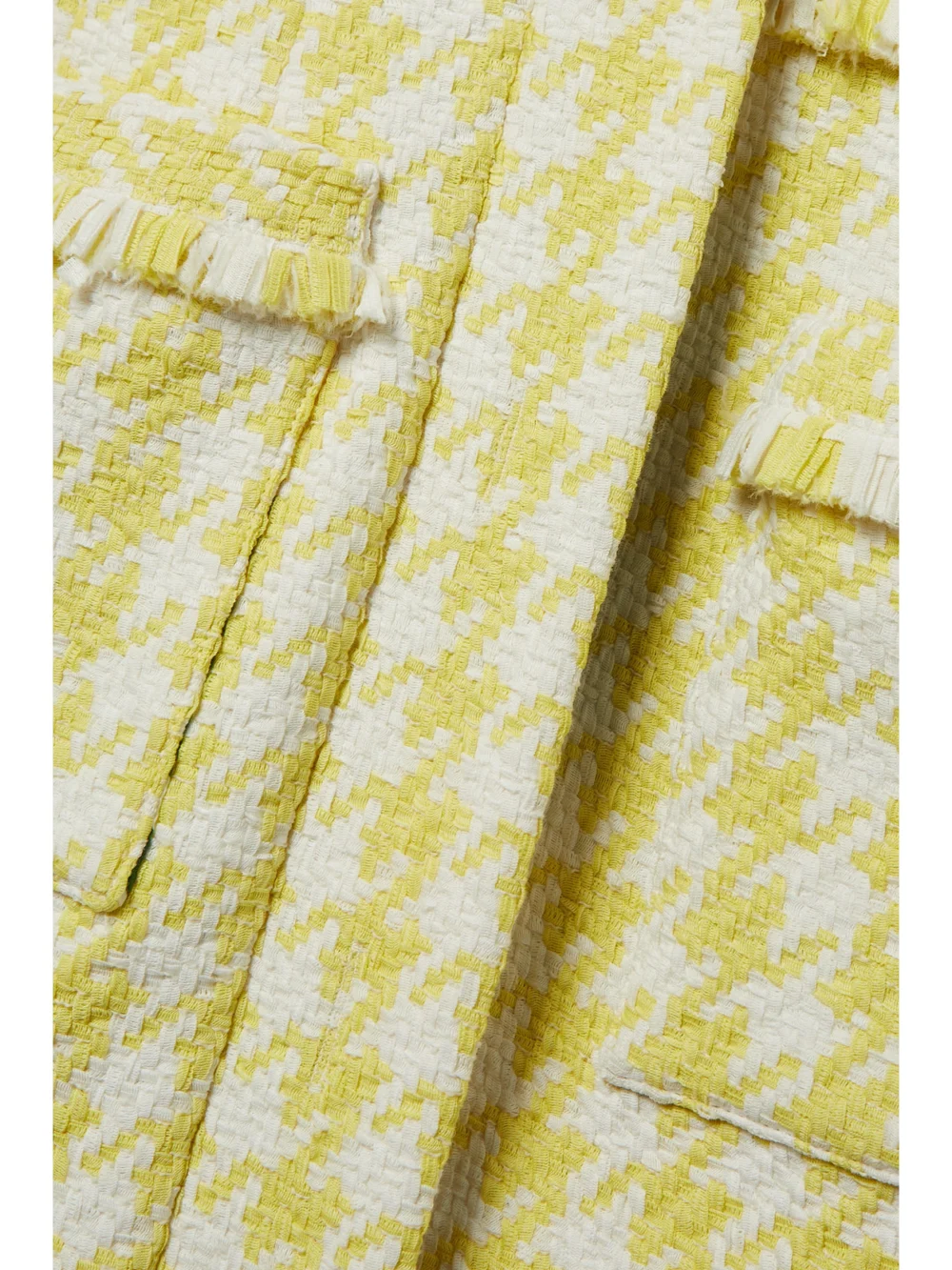 Close-up detail of the Oscar de la Renta Fringed Houndsthooth Cotton-blend Tweed Mini Dress