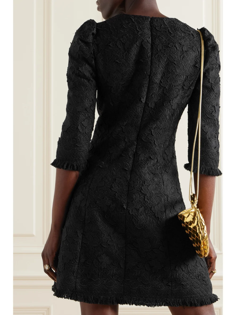 Back view of the Oscar de la Renta Gardenia Button-embellished Embroidered Tweed Mini Dress