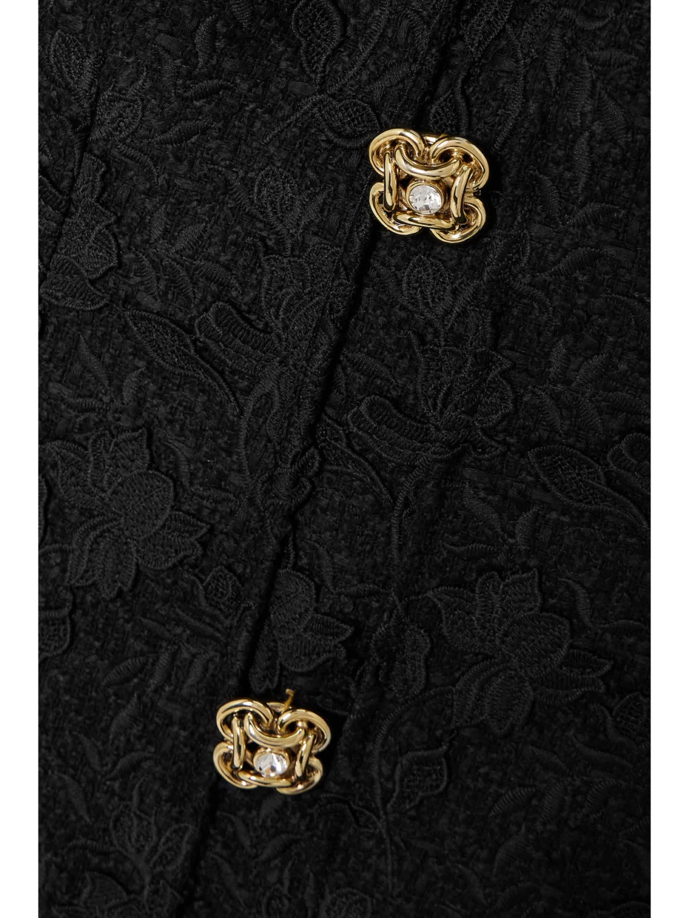 Close-up detail of the Oscar de la Renta Gardenia Button-embellished Embroidered Tweed Mini Dress