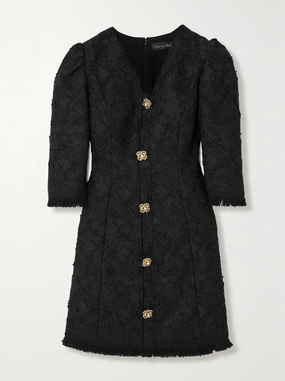 Oscar de la Renta Gardenia Button-embellished Embroidered Tweed Mini Dress in black