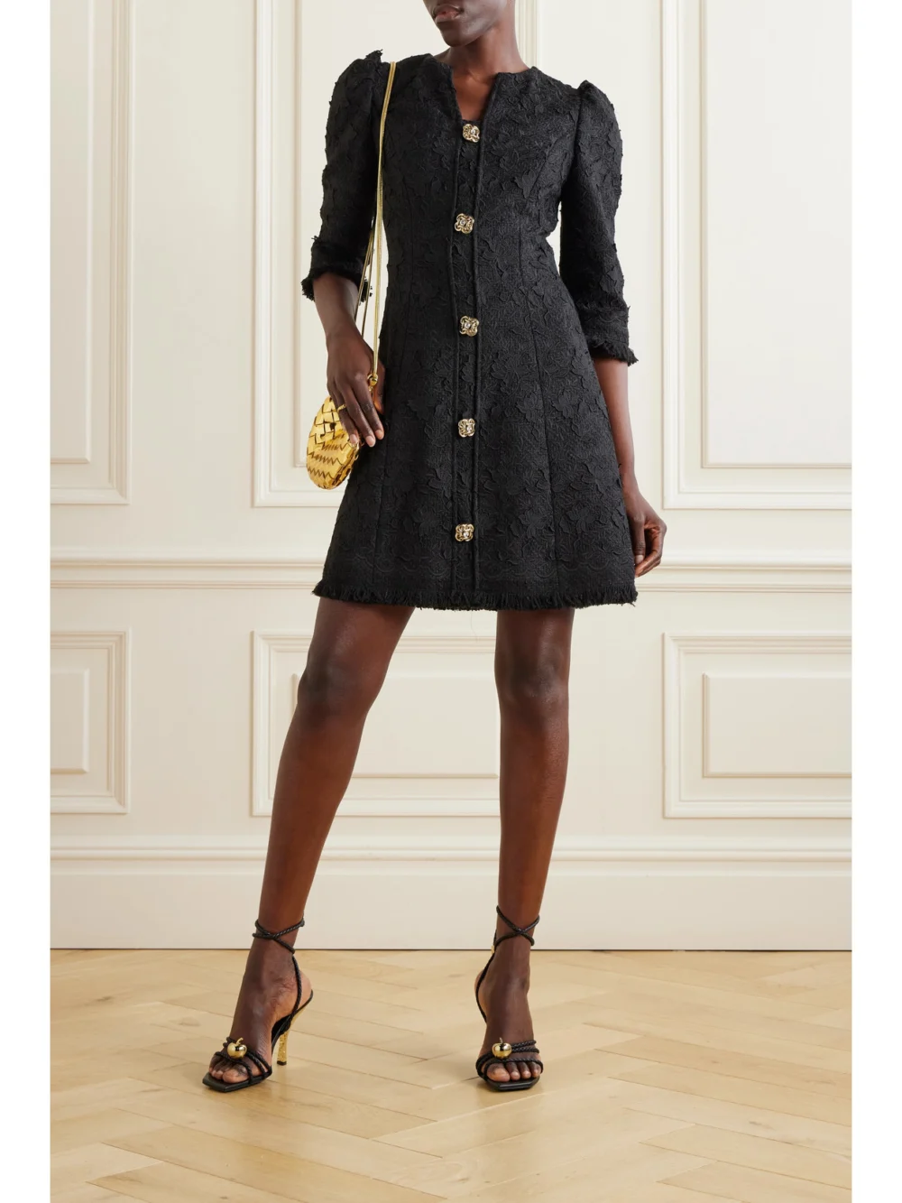 Oscar de la Renta Gardenia Button-embellished Embroidered Tweed Mini Dress, worn by a model