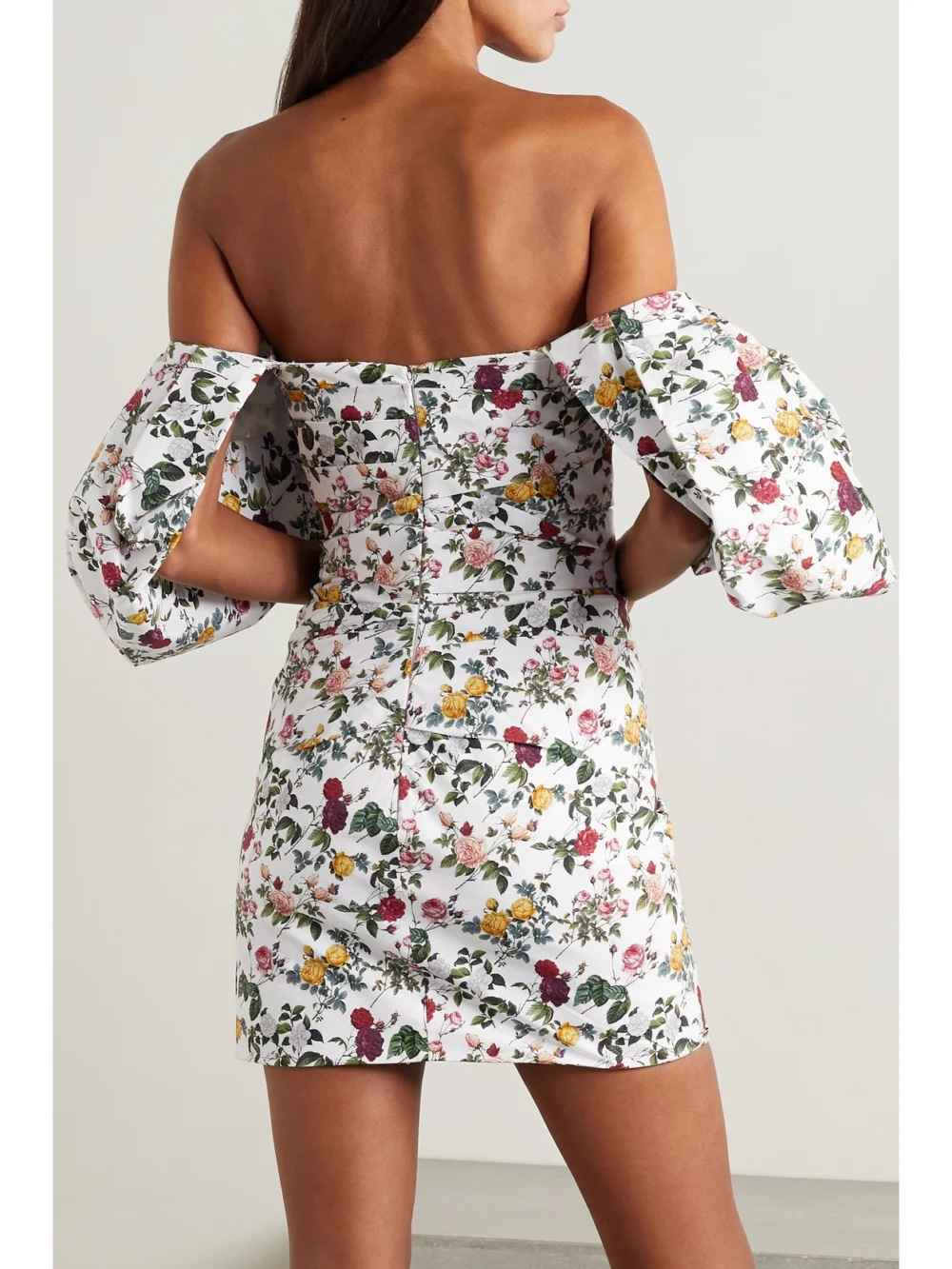 Back view of the Oscar de la Renta Off-the-shoulder Ruched Floral-print Cotton-blend Mini Dress