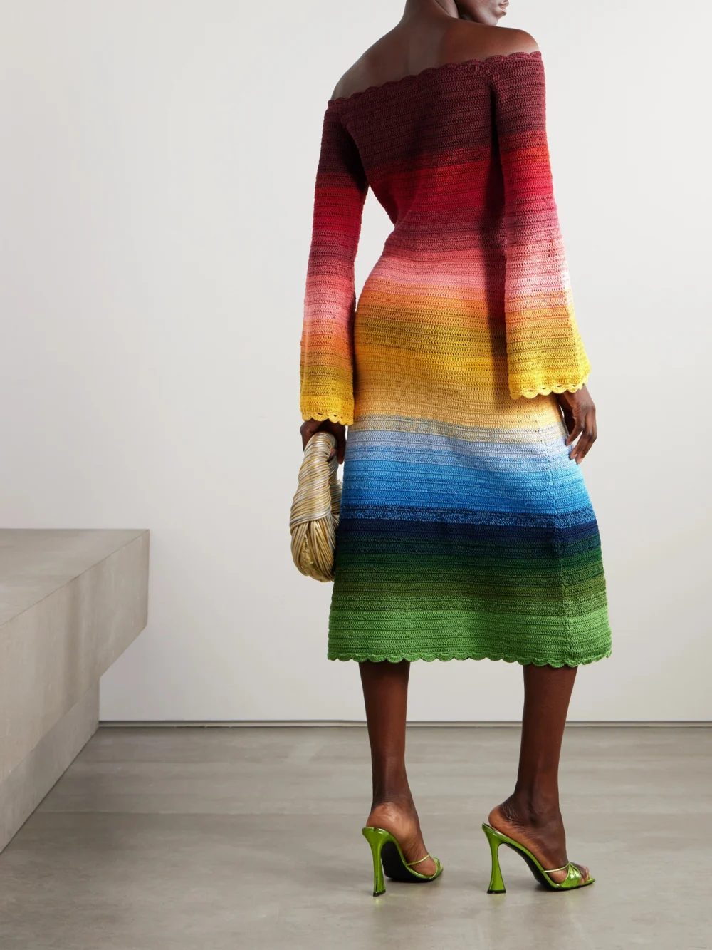 Back view of the Oscar de la Renta Off-the-shoulder Striped Crocheted Cotton Midi Dress