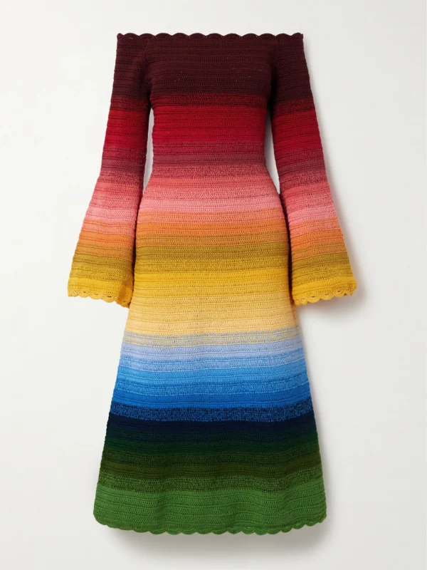 Oscar de la Renta Off-the-shoulder Striped Crocheted Cotton Midi Dress