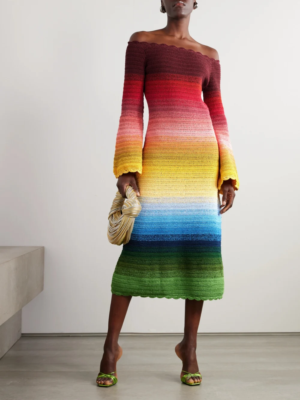 Oscar de la Renta Off-the-shoulder Striped Crocheted Cotton Midi Dress, worn by a model