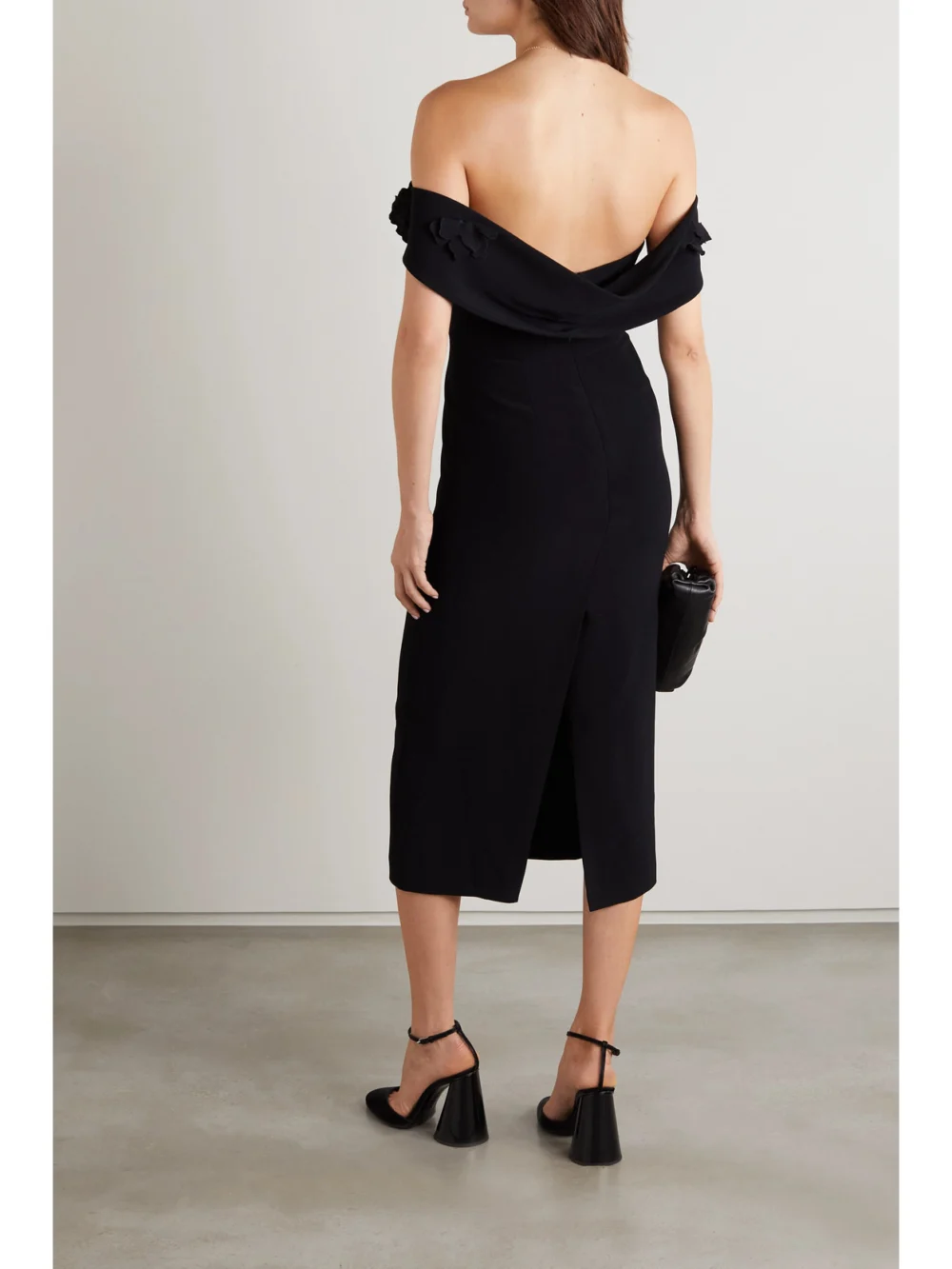 Back view of the Oscar de la Renta Off-the-shoulder Taffeta-trimmed Cady Midi Dress