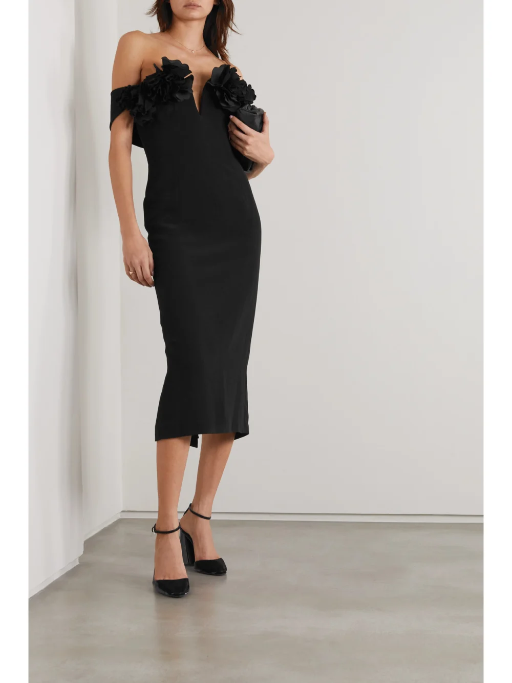 Oscar de la Renta Off-the-shoulder Taffeta-trimmed Cady Midi Dress, worn by a model