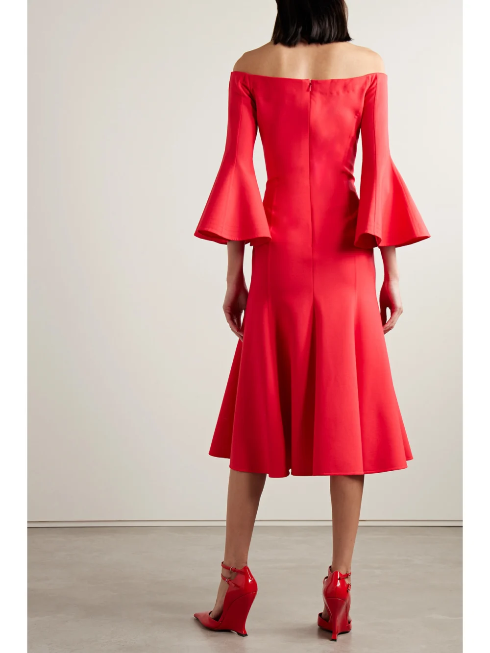 Back view of the Oscar de la Renta Off-the-shoulder Wool-blend Midi Dress