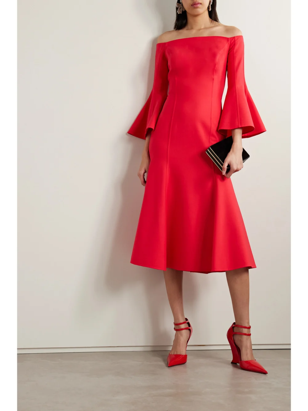 Oscar de la Renta Off-the-shoulder Wool-blend Midi Dress, worn by a model