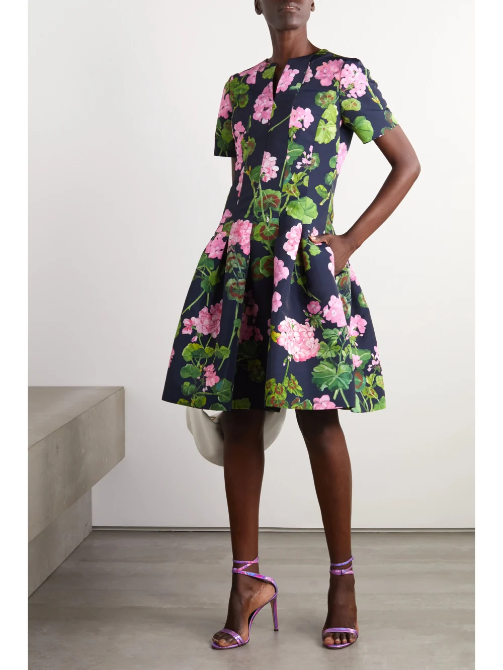 Oscar de la Renta Pleated Floral-print Faille Dress, worn by a model