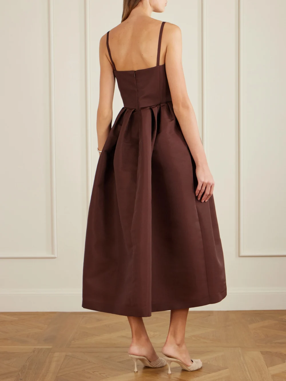 Back view of the Oscar de la Renta Pleated Floral-print Faille Midi Dress