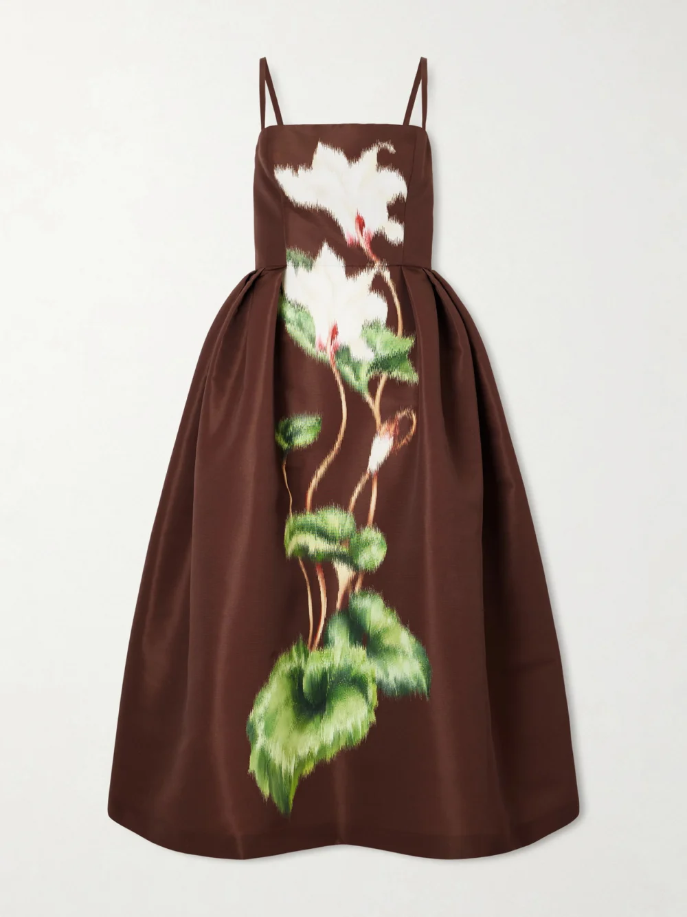 Oscar de la Renta Pleated Floral-print Faille Midi Dress in brown