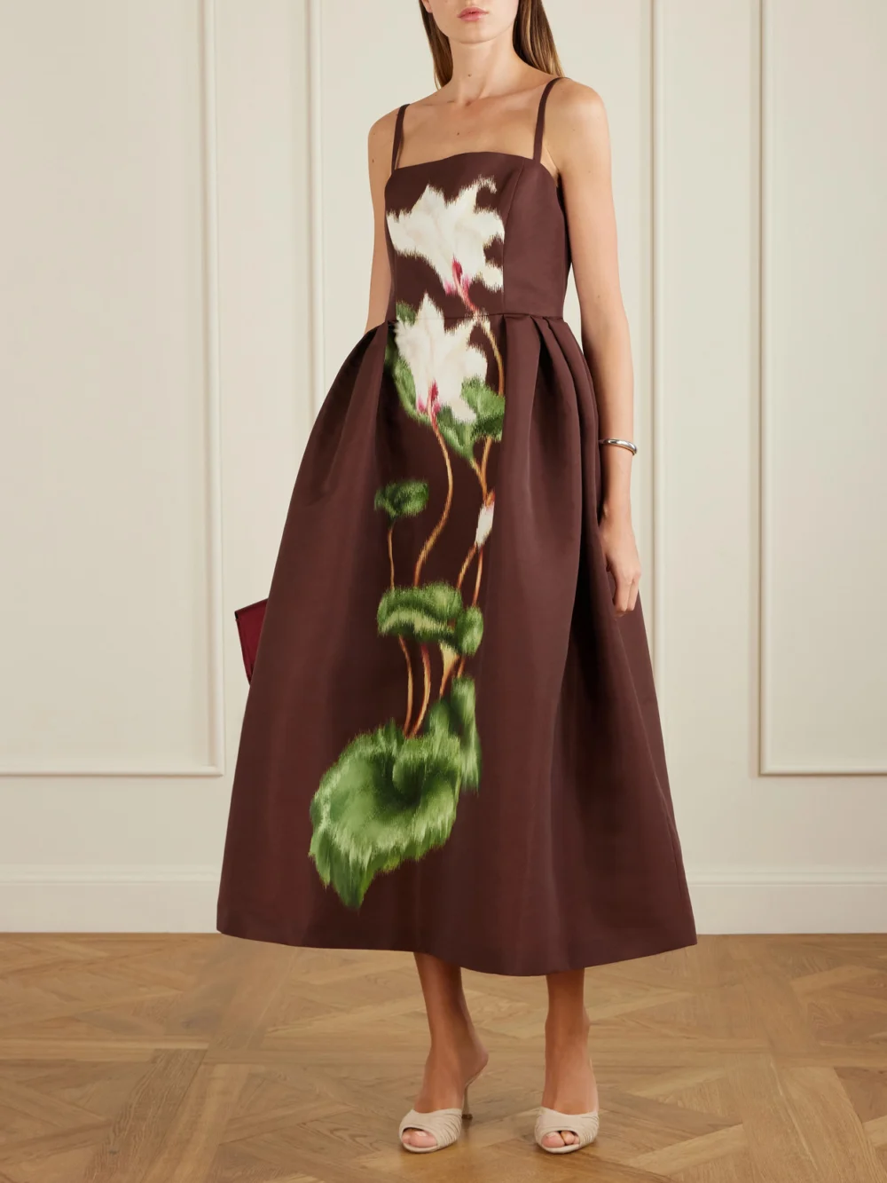 Oscar de la Renta Pleated Floral-print Faille Midi Dress, worn by a model