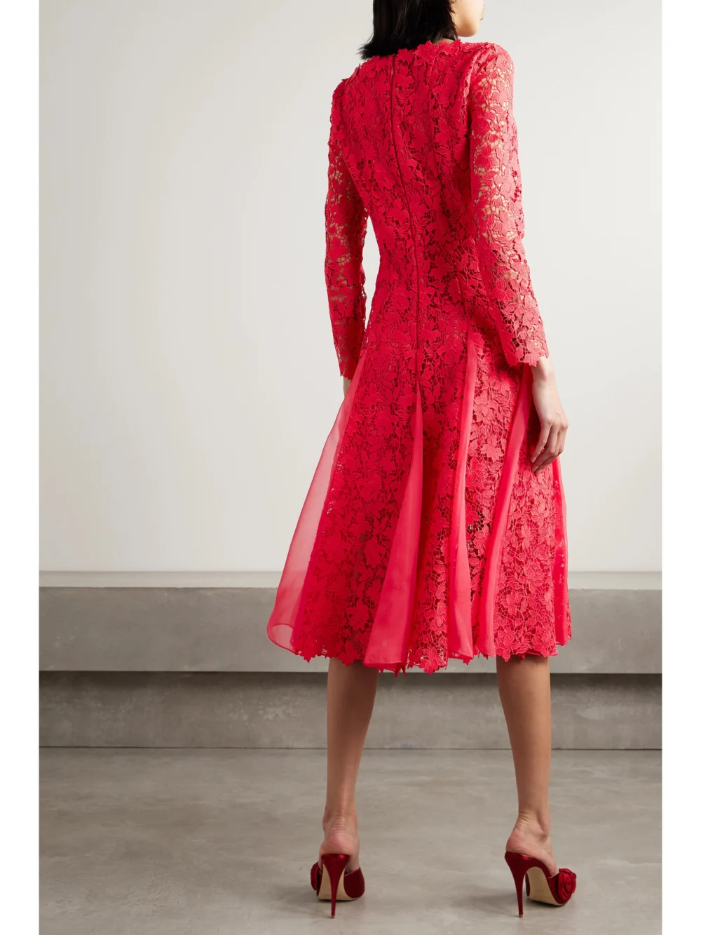 Back view of the Oscar de la Renta Silk-chiffon Trimmed Guipure Lace Midi Dress
