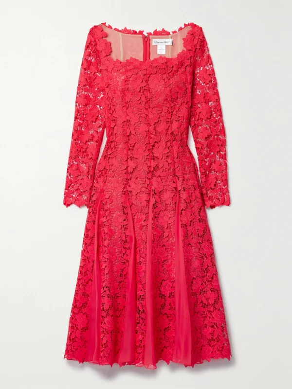 Oscar de la Renta Silk-chiffon Trimmed Guipure Lace Midi Dress