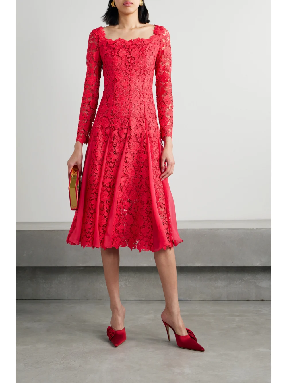 Oscar de la Renta Silk-chiffon Trimmed Guipure Lace Midi Dress, worn by a model