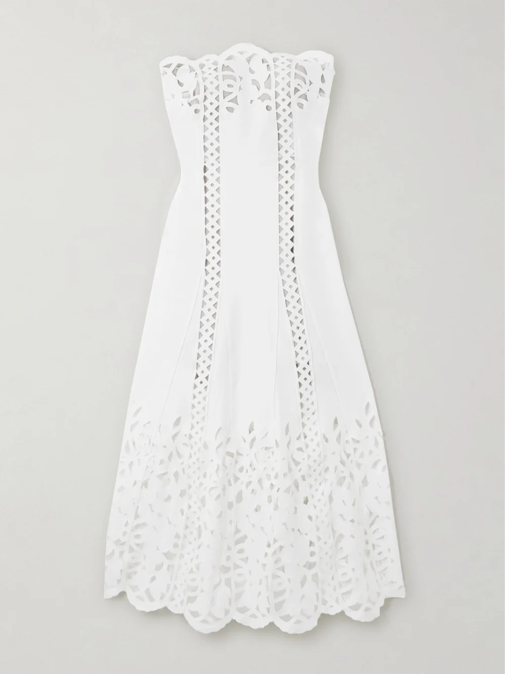 Oscar de la Renta Strapless Broderie Anglaise Midi Dress in white