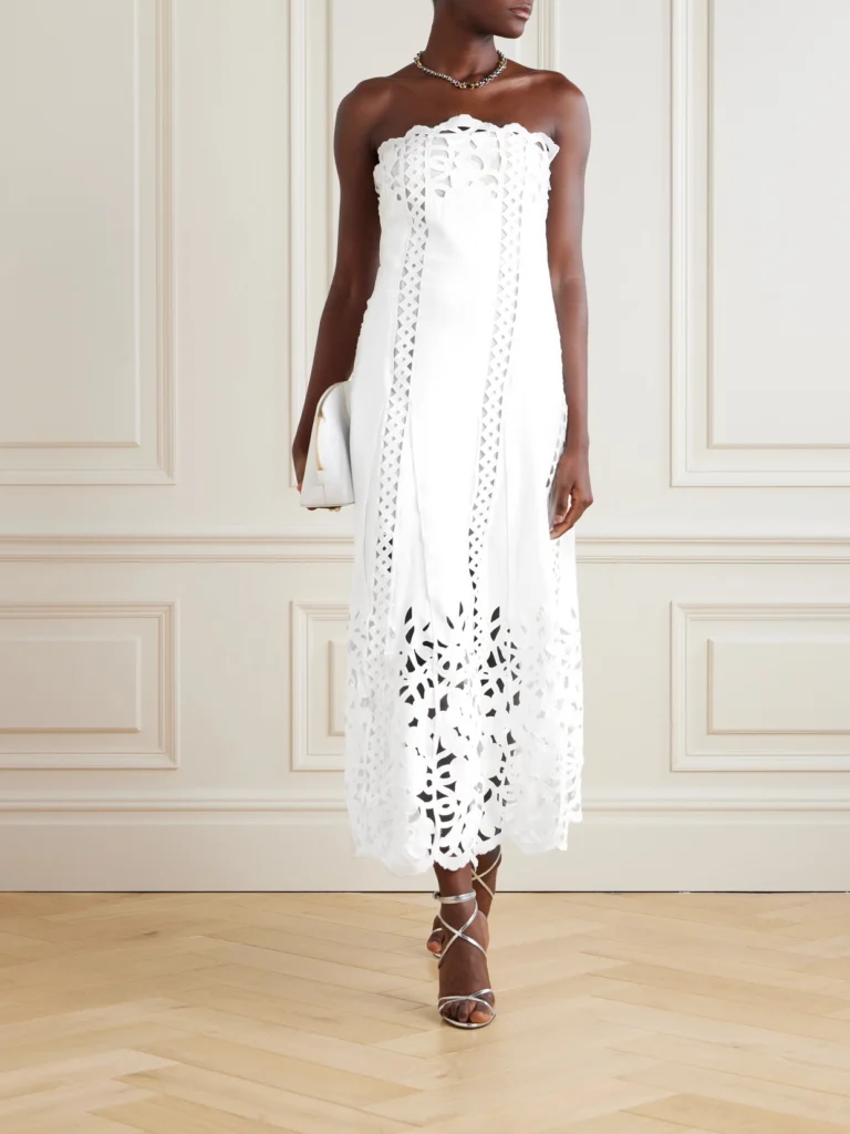 Oscar de la Renta Strapless Broderie Anglaise Midi Dress